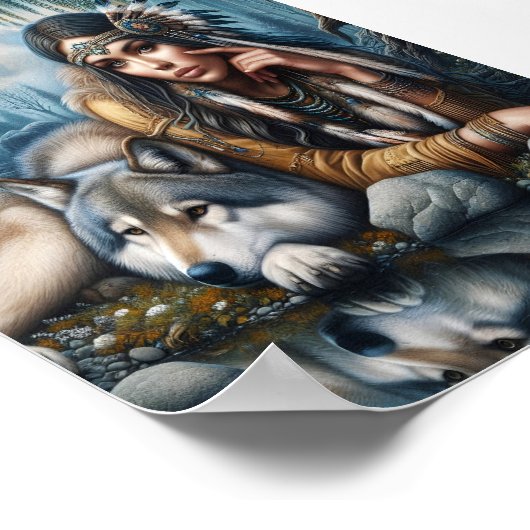 Mystiek Een indiaanse vrouw met wolven 7x5 Poster (Hoek)