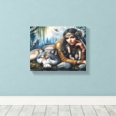Mystiek Een indiaanse vrouw met wolven 8x10 Canvas Afdruk (Insitu (Houten vloer))