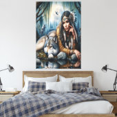 Mystiek Een indiaanse vrouw met wolven Canvas Afdruk (Insitu (Slaapkamer))