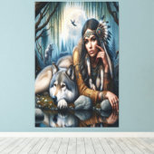Mystiek Een indiaanse vrouw met wolven Canvas Afdruk (Insitu (Houten vloer))
