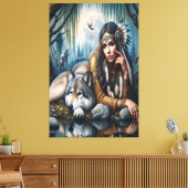 Mystiek Een indiaanse vrouw met wolven Canvas Afdruk (Insitu (Woonkamer))