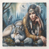 Mystiek Een indiaanse vrouw met wolven Glazen Onderzetter (Voorkant)