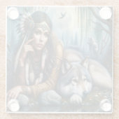 Mystiek Een indiaanse vrouw met wolven Glazen Onderzetter (Achterkant)