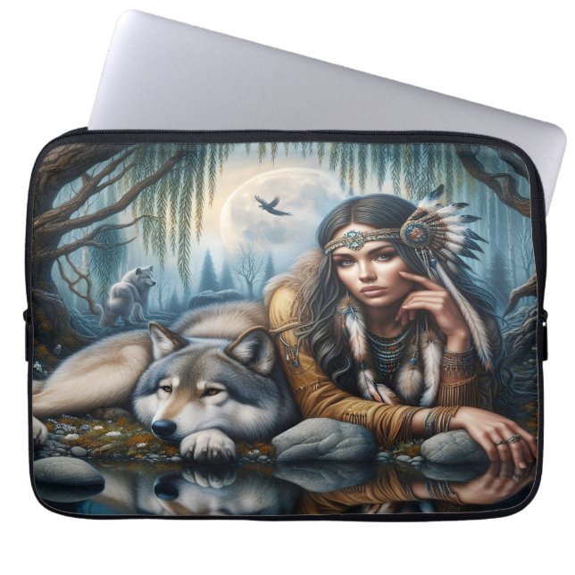Mystiek Een indiaanse vrouw met wolven Laptop Sleeve (Voorkant)