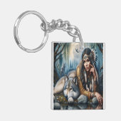 Mystiek Een indiaanse vrouw met wolven Sleutelhanger (Voorkant Links)