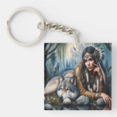 Mystiek Een indiaanse vrouw met wolven Sleutelhanger (Voorkant)