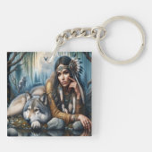 Mystiek Een indiaanse vrouw met wolven Sleutelhanger (Achterkant)