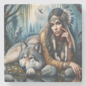 Mystiek Een indiaanse vrouw met wolven Stenen Onderzetter (Voorkant)