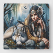 Mystiek Een indiaanse vrouw met wolven Vierkante Klok (Voorkant)