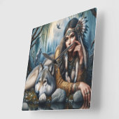 Mystiek Een indiaanse vrouw met wolven Vierkante Klok (Hoek)