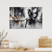 Mystiek gevleugeld meisje zwart-wit urban poster (Keuken)