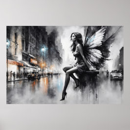 Mystiek gevleugeld meisje zwart-wit urban poster
