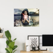 Mystiek gotisch meisje met wolven en Magisch Licht Poster (Thuiskantoor)