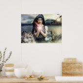 Mystiek gotisch meisje met wolven en Magisch Licht Poster (Keuken)