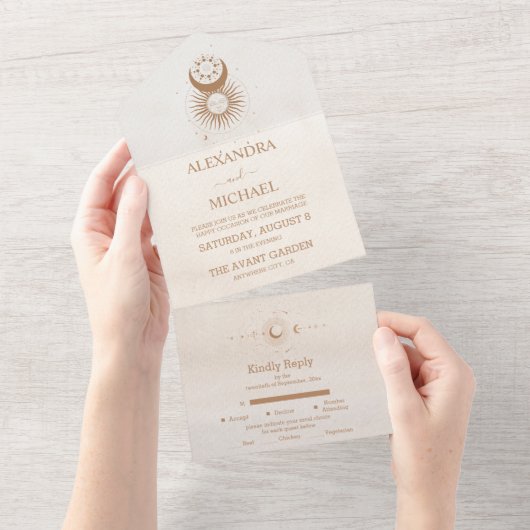 Mystiek Goud Hemelse Sterren Bruiloft All In One Uitnodiging (Afscheurbaar)