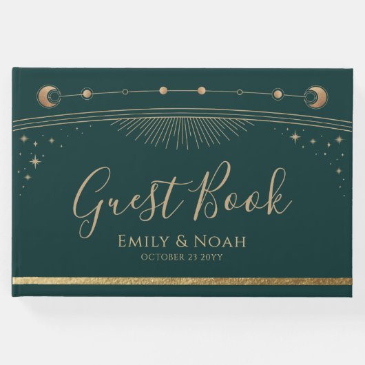 Mystiek Groen Goud Zon Maan Sterren Bruiloft Gastenboek (Voorkant)
