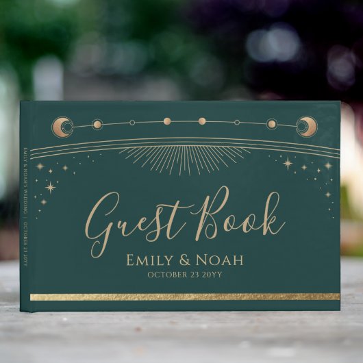 Mystiek Groen Goud Zon Maan Sterren Bruiloft Gastenboek (Insitu Buitenkant)