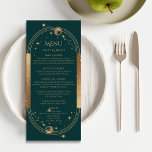 Mystiek Groen Goud Zon Maan Sterren Bruiloft Menu<br><div class="desc">Mystical Green Gold Sun Moon Stars Astronomy Celestial Galaxy Cosmic Wedding Cards zijn voorzien van een zon, maan en sterren met een gouden lijst op een groene achtergrond met uw menugegevens in het midden in modern gouden kalligrafieschrift. Personaliseer door de tekst in de tekstvakken te bewerken. Ontworpen voor u door...</div>