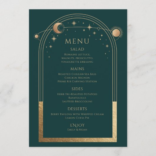 Mystiek Groen Goud Zon Maan Sterren Bruiloft Menu (Voorkant)