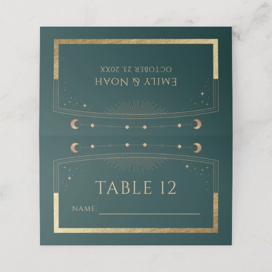 Mystiek Groen Goud Zon Maan Sterren Bruiloft Plaatskaartje (Buitenkant ongevouwen)