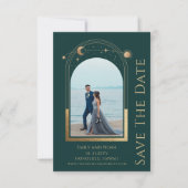Mystiek Groen Goud Zon Maan Sterren Ruimte Save The Date (Voorkant)