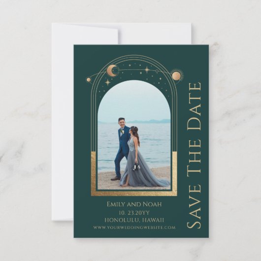 Mystiek Groen Goud Zon Maan Sterren Ruimte Save The Date (Voorkant)