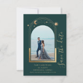 Mystiek Groen Goud Zon Maan Sterren Ruimte Save The Date (Voorkant)