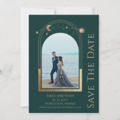 Mystiek Groen Goud Zon Maan Sterren Ruimte Save The Date (Voorkant)