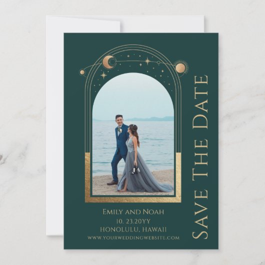 Mystiek Groen Goud Zon Maan Sterren Ruimte Save The Date (Voorkant)