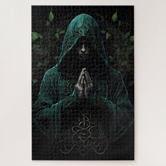 Mystiek Hooded Figuur in Groen Bidden Legpuzzel (Verticaal)