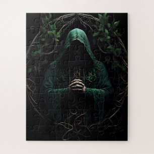 Mystiek Hooded Figuur in Groen Bidden Legpuzzel