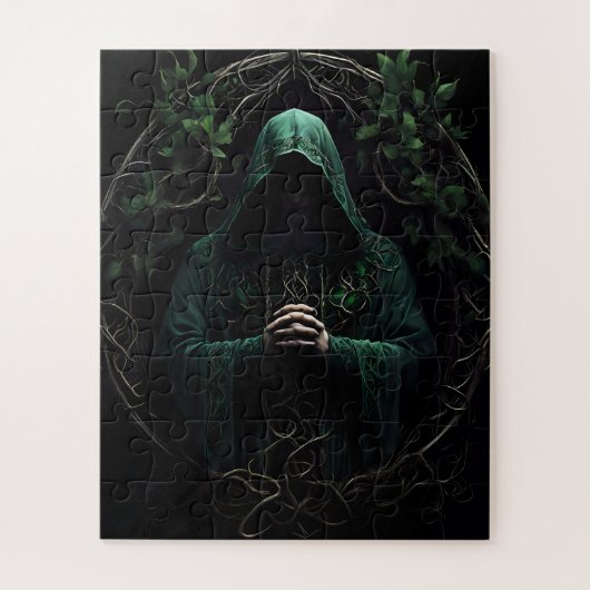 Mystiek Hooded Figuur in Groen Bidden Legpuzzel (Verticaal)