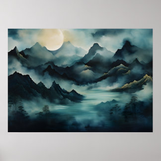 Mystiek landschap: Moonlit bergen, Mist, Rivier Poster