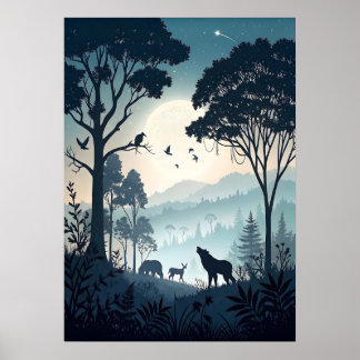 Mystiek Nachtbos met Silhouette Wildlife Poster