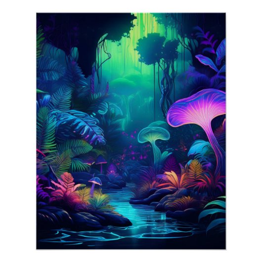 Mystiek neon bos met gloeiende paddenstoelen perfect poster (Voorkant)