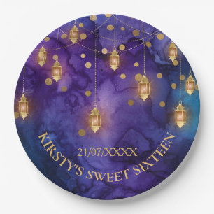 Mystiek paarse blauwe lantaarns & gouden bokeh Swe Papieren Bordje