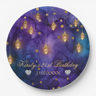 Mystiek paarse blauwe lantaarns & gouden bokeh ver papieren bordje