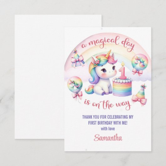 Mystiek Pastel Eenhoorn Meisje 1e Verjaardag Feest Bedankkaart (Voorkant / Achterkant)