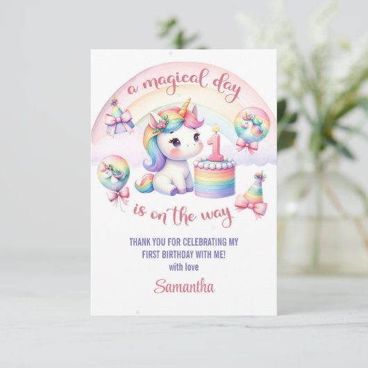 Mystiek Pastel Eenhoorn Meisje 1e Verjaardag Feest Bedankkaart (Staand voorkant)