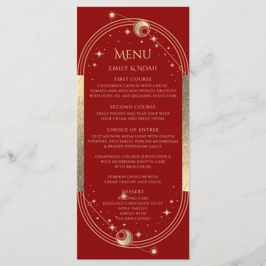 Mystiek Rood Goud Zon Maan Astronomie Bruiloft Menu (Voorkant)