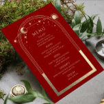 Mystiek Rood Goud Zon Maan Sterren Bruiloft Menu<br><div class="desc">Mystical Dark Red Gold Sun Moon Stars Astronomy Galaxy Celestial Cosmic Space Wedding Menu Kaarten beschikt over een gouden zon, maan en sterren lijst op een donkerrode achtergrond met uw menugegevens in het midden in gouden kalligrafie script. Personaliseer door de tekst in de tekstvakken te bewerken. Ontworpen voor u door...</div>