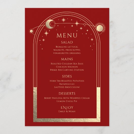 Mystiek Rood Goud Zon Maan Sterren Bruiloft Menu (Voorkant)