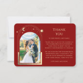 Mystiek Rood Goud Zon Maan Sterren Foto Bruiloft Bedankkaart (Voorkant)