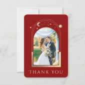 Mystiek Rood Goud Zon Maan Sterren Foto Bruiloft Bedankkaart (Voorkant)