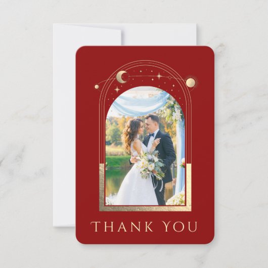 Mystiek Rood Goud Zon Maan Sterren Foto Bruiloft Bedankkaart (Voorkant)