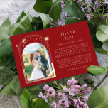 Mystiek Rood Goud Zon Maan Sterren Foto Bruiloft Bedankkaart<br><div class="desc">Mystieke Dark Red Gold Sun Moon Stars Celestial Space Photo Wedding Thank You Cards bevat de zon, maan en sterren met een gouden lijst rond uw favoriete foto op een donkerrode achtergrond. Personaliseer door de tekst in de tekstvakken te bewerken en uw favoriete foto toe te voegen. FOTO TIP: centreer...</div>