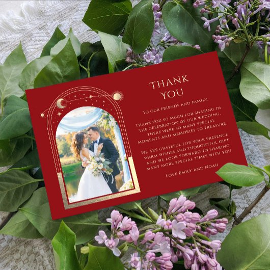 Mystiek Rood Goud Zon Maan Sterren Foto Bruiloft Bedankkaart