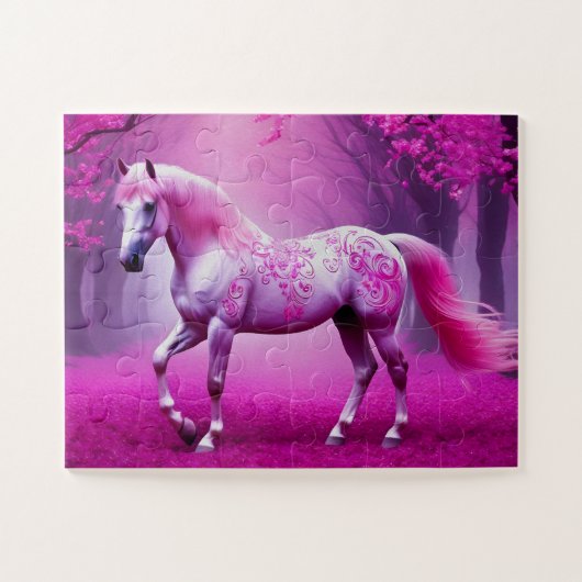 Mystiek roze paard in een fantasiebos legpuzzel (Horizontaal)