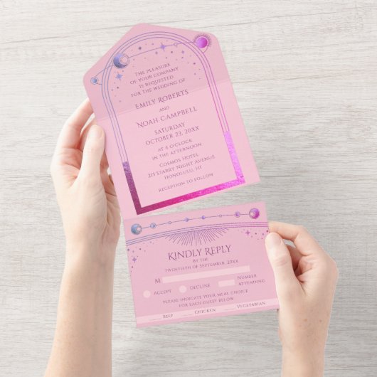 Mystiek Roze Paarse Celestial Zon Maan Sterren All In One Uitnodiging (Afscheurbaar)