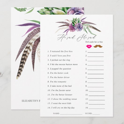 Mystiek Succulent Vrijgezellenfeest Game Kaart (Voorkant / Achterkant)